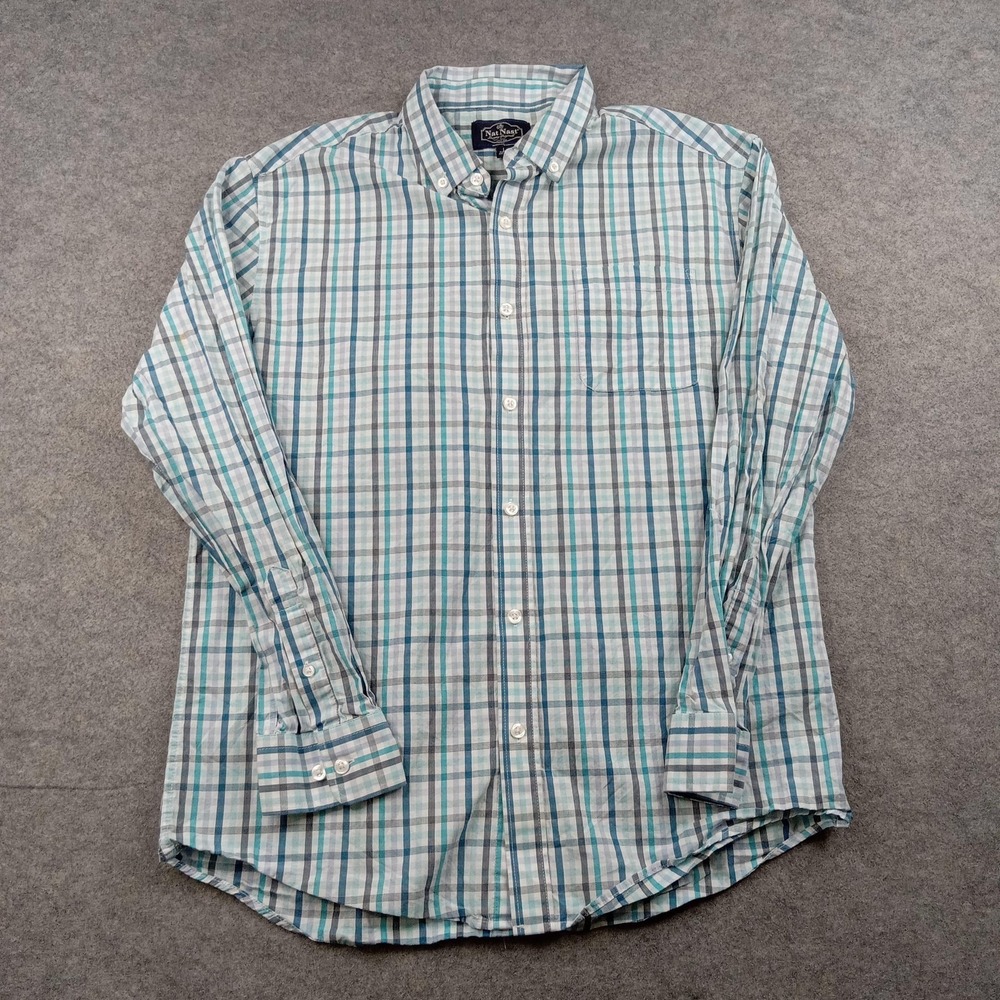 Nat Nast Shirt Mens Large Blue Plaid Button Front Long Sleeve Cotton Casual